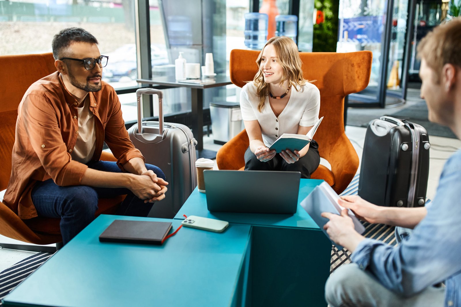 Multicultural colleagues discussing during a business trip