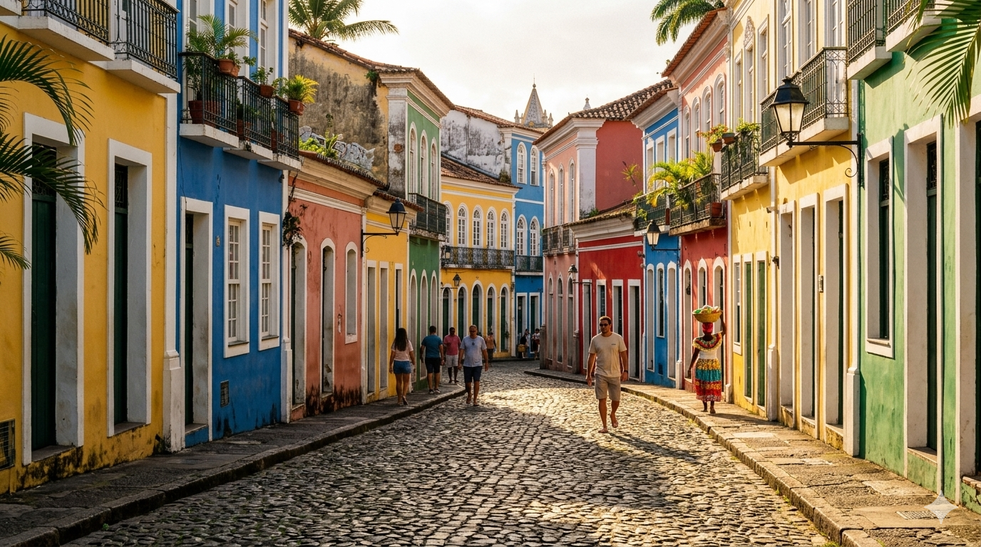Colorful colonial architecture on a cobblestone street in Pelourinho, Salvador, Brazil